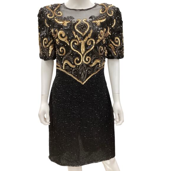 Lawerence Kazar VTG Dress Women’s Size Medium Silk Beaded in Black and Gold - Picture 1 of 6